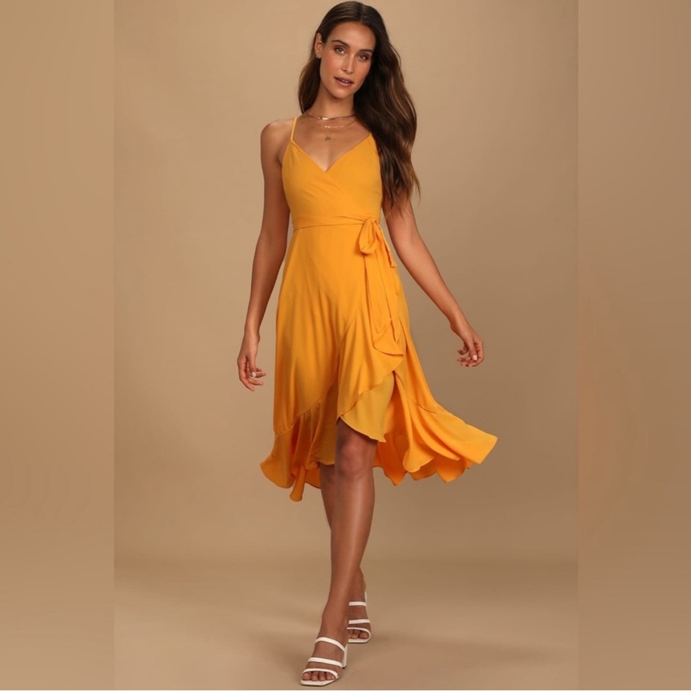 Lulu’s Manhattan Moment Bright Orange Ruffled Midi Wrap Dress in Yellow size
